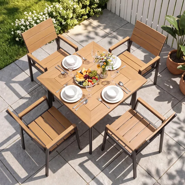 homall-patio-furniture-essgruppe-5-teilig-braun-teak-alu-schirmloch image 1