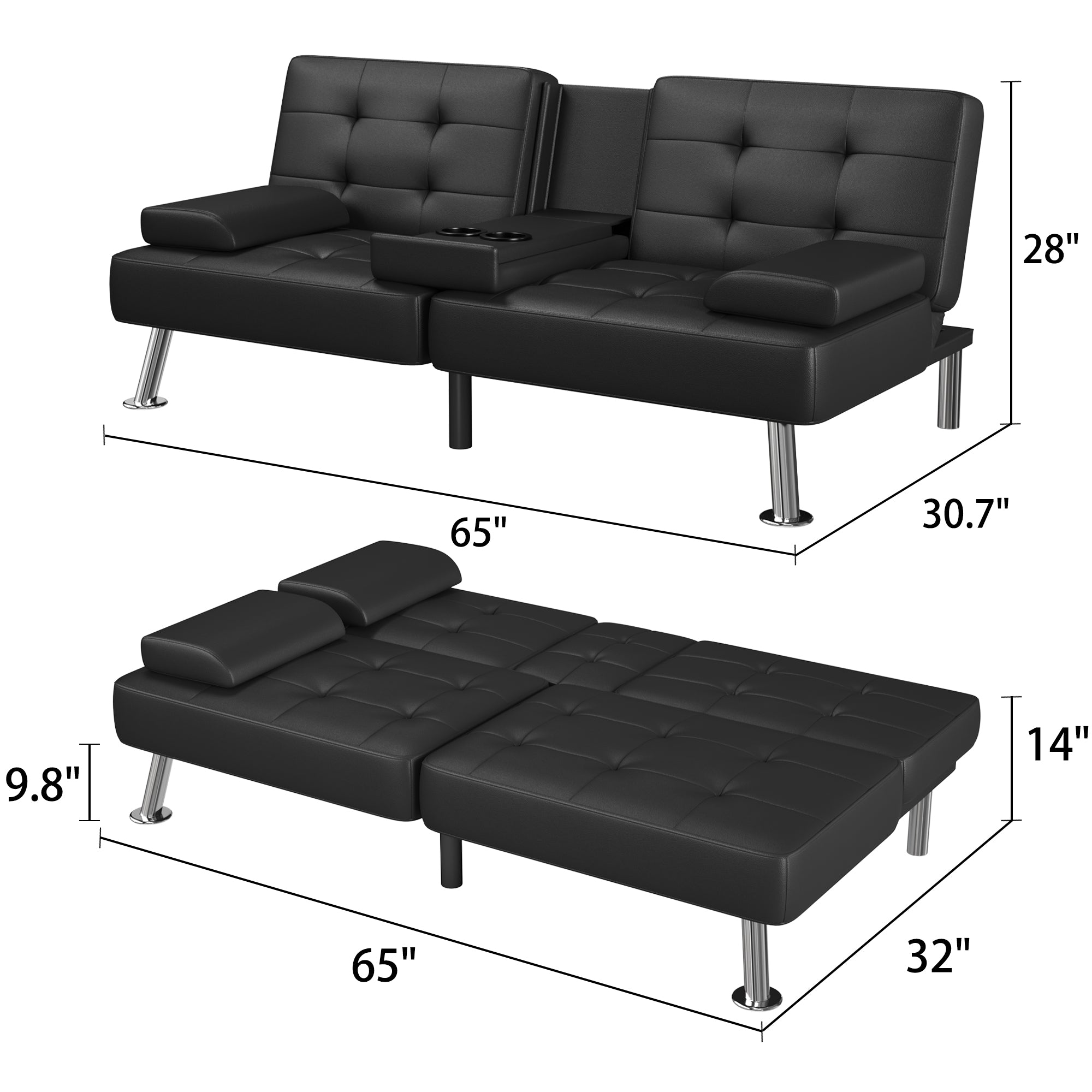 homall-recliner-schlafsofa-kunstleder-schwarz-mit-becherhalter image 4