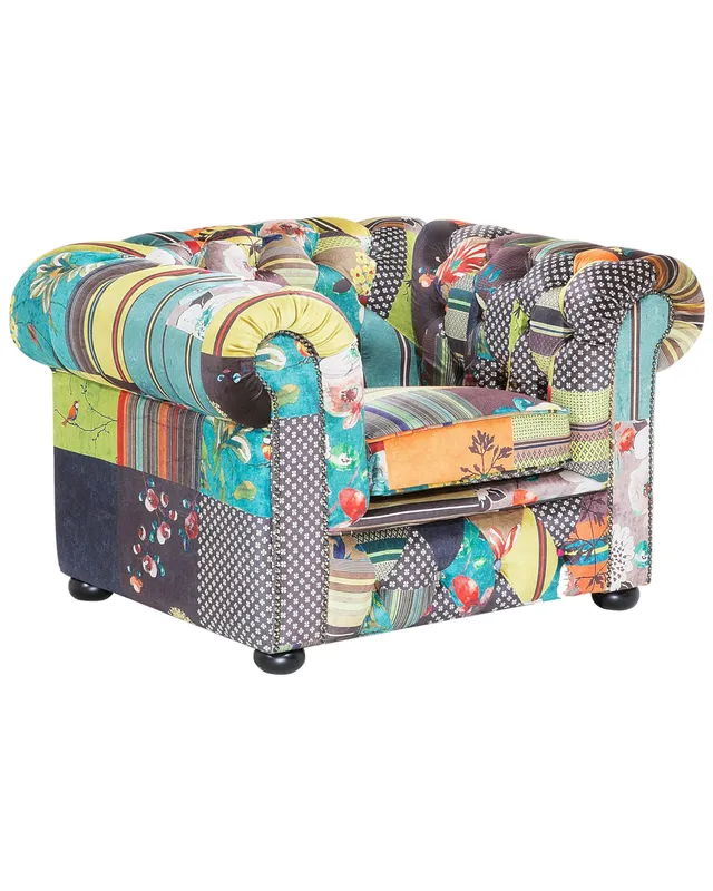 beliani-chesterfield-sessel-patchwork-bunt-gr-n-gelb-stoff image 1