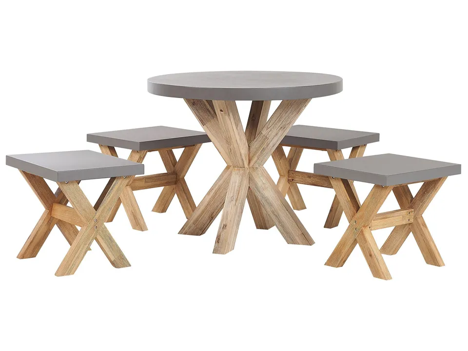 beliani-olbia-gartenset-rund-90-cm-4-hocker-grau image 1