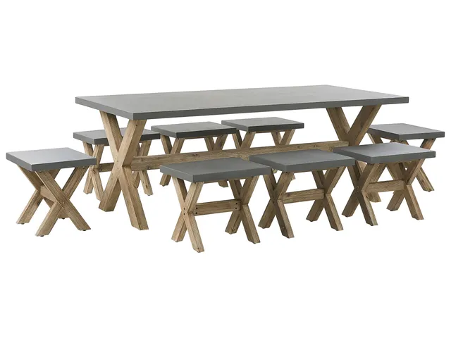 beliani-olbia-gartenset-tisch-200x100-8-hocker-beton-akazie image 1