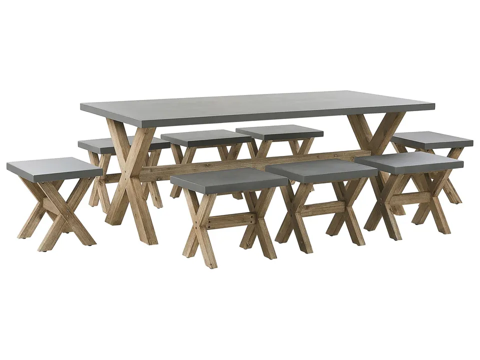 beliani-olbia-gartenset-tisch-200x100-8-hocker-beton-akazie image 1