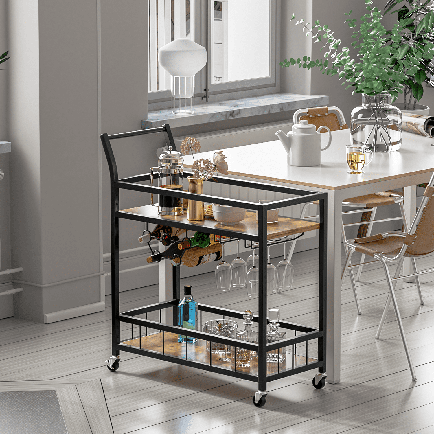 homall-shelf-servierwagen-schwarz-mit-weinregal-holz image 3