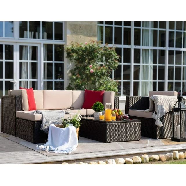 homall-patio-furniture-lounge-set-6-tlg-rattan-gartensofa-beige image 2