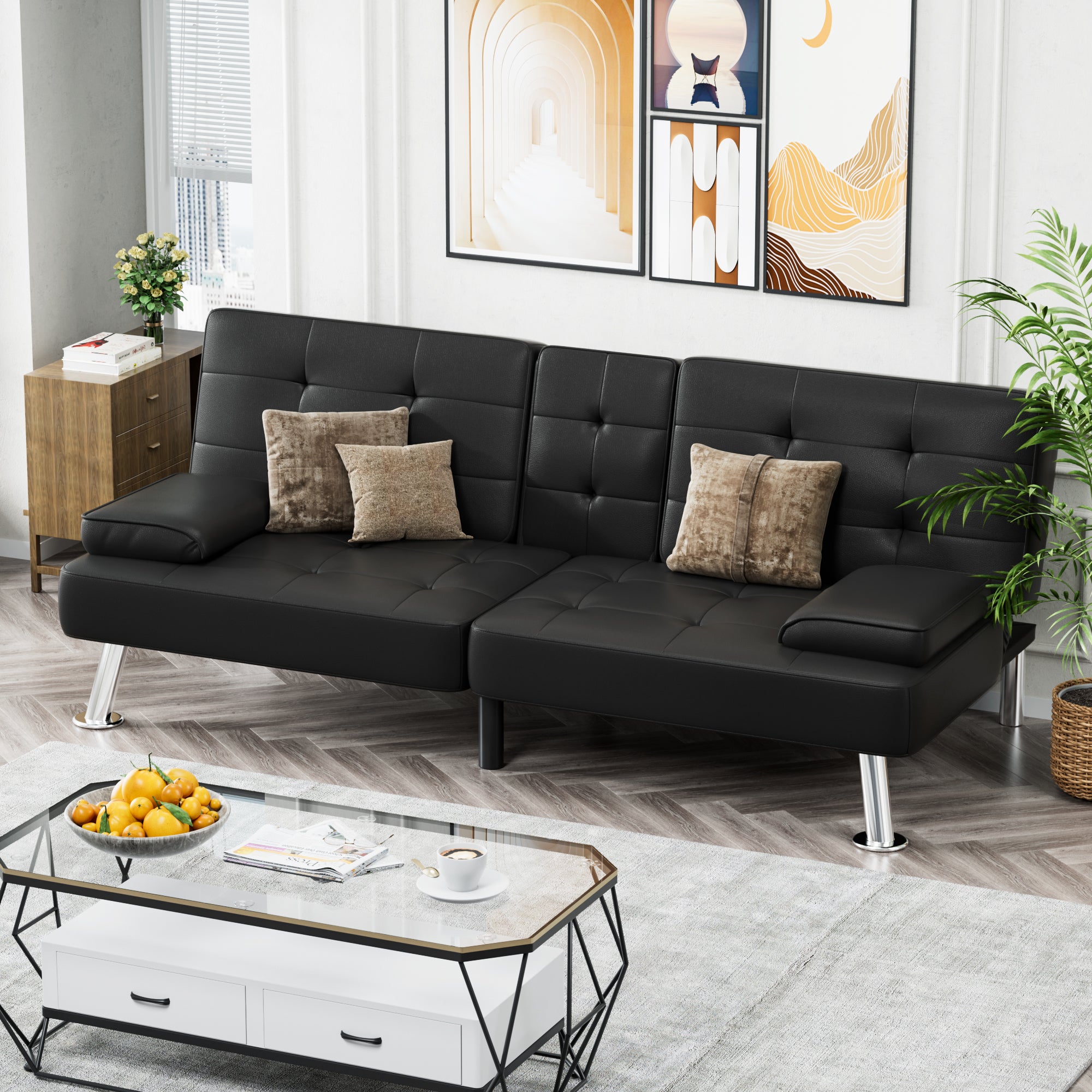 homall-recliner-futon-schlafsofa-schwarz-kunstleder-3in1 image 2