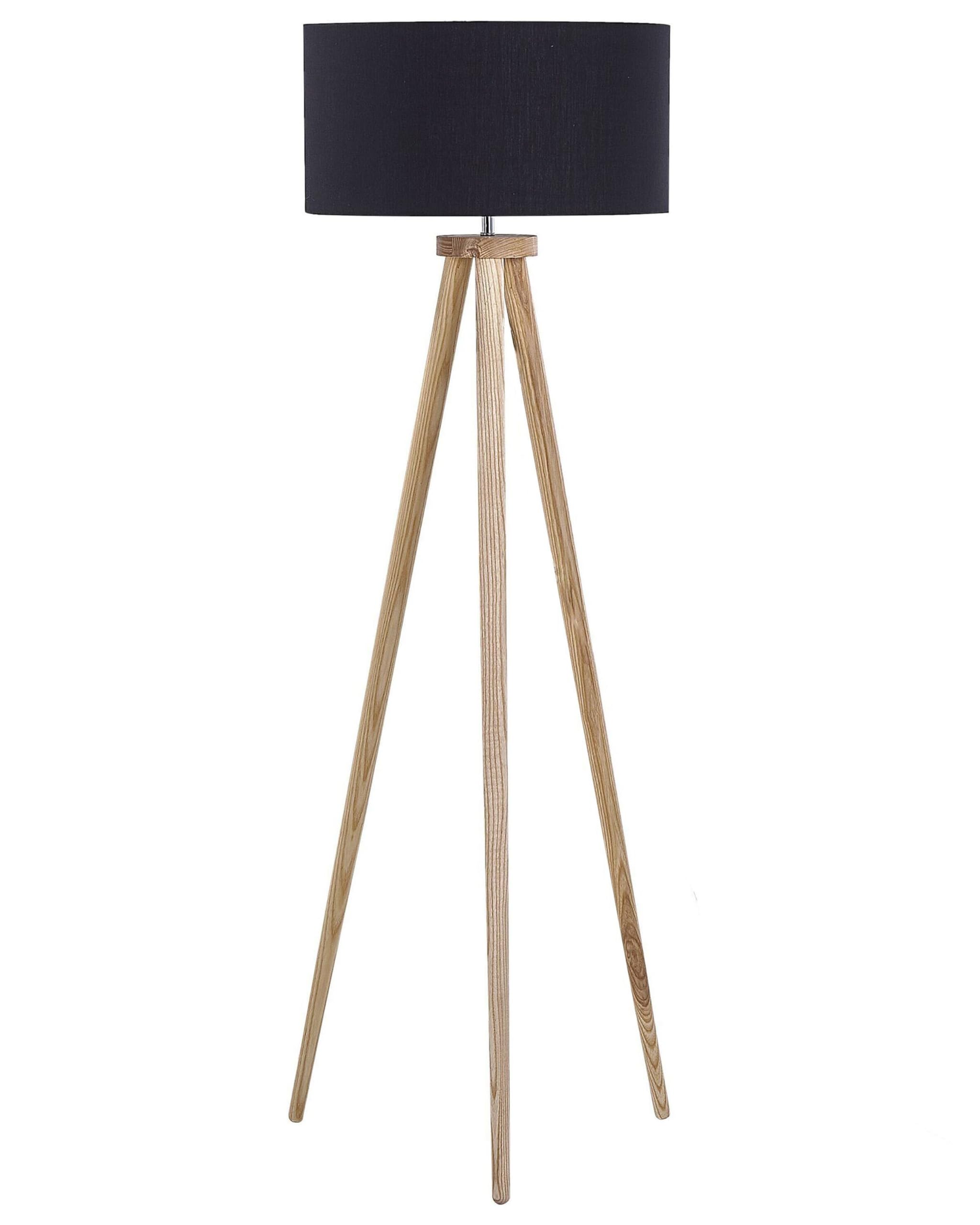 beliani-nitra-stehlampe-140-cm-schwarz-holz-trommelschirm image 1