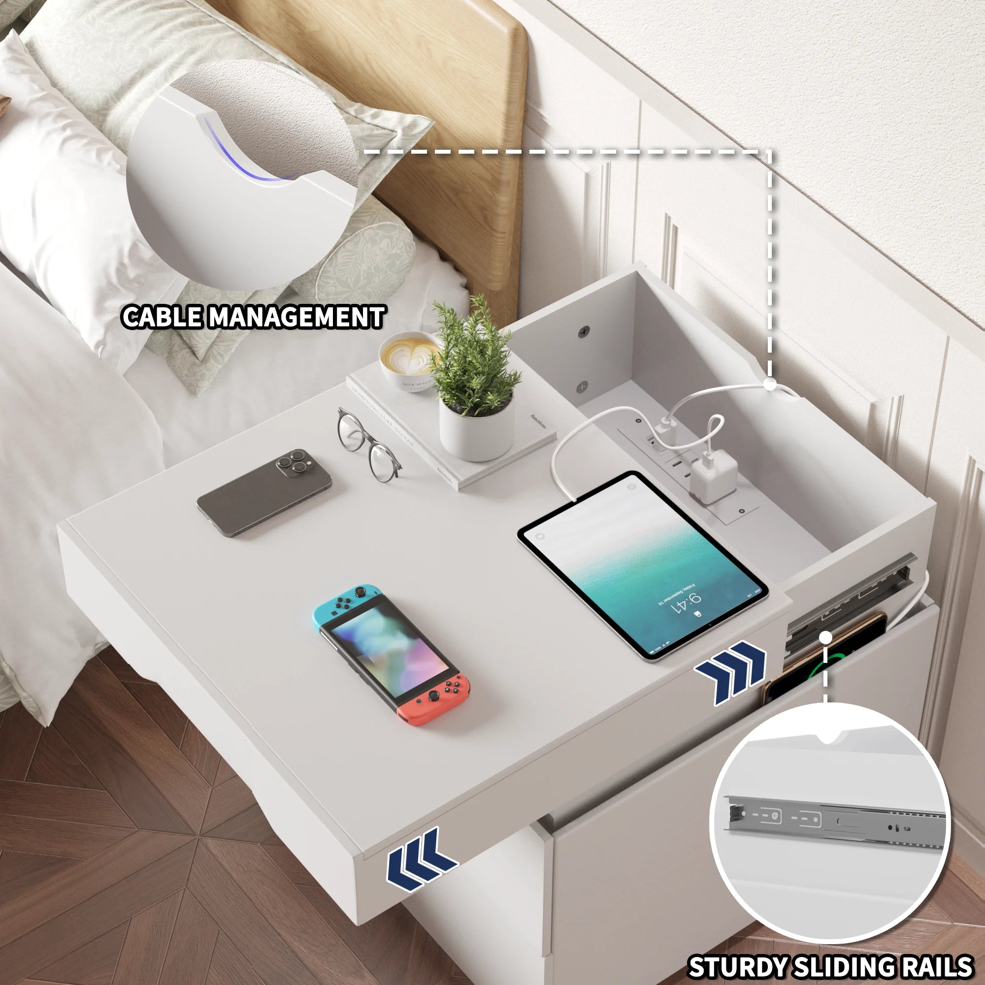 homall-bedroom-nachttisch-wei-2-schubladen-led-usb image 7