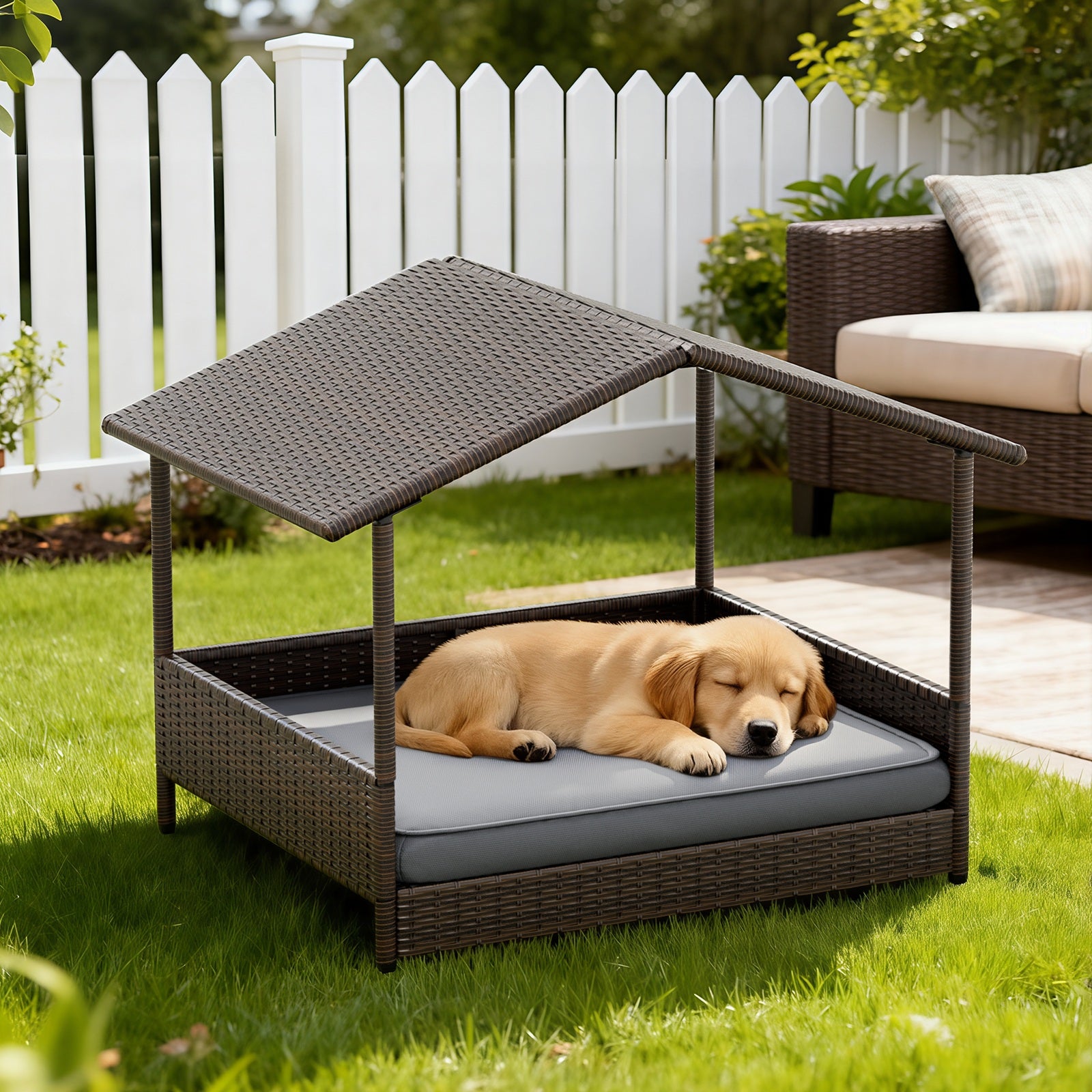 homall-bedroom-hundehaus-rattan-schwarz-mit-kissen-berdachung image 2