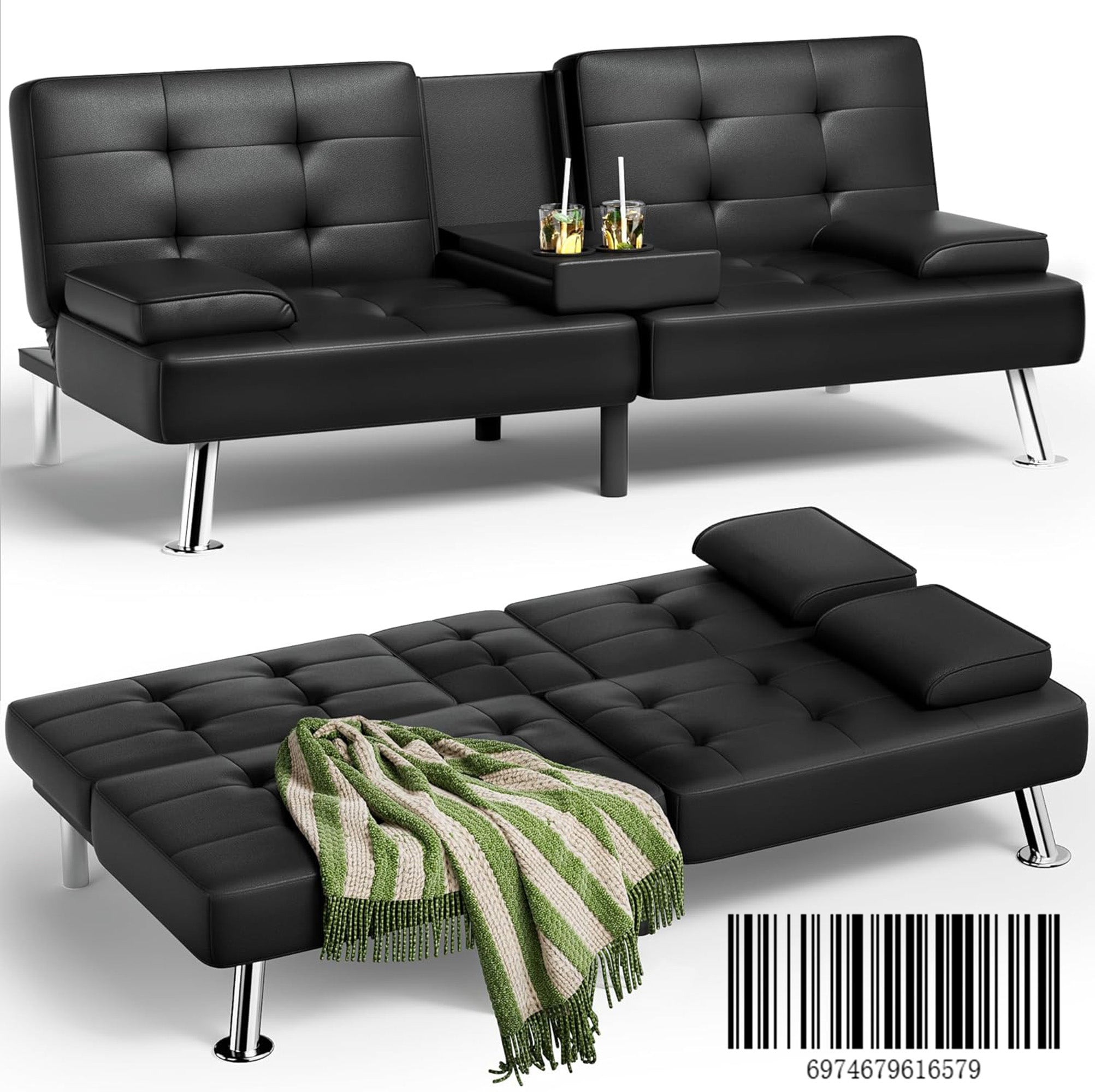 homall-recliner-futon-schlafsofa-schwarz-kunstleder-3in1 image 1