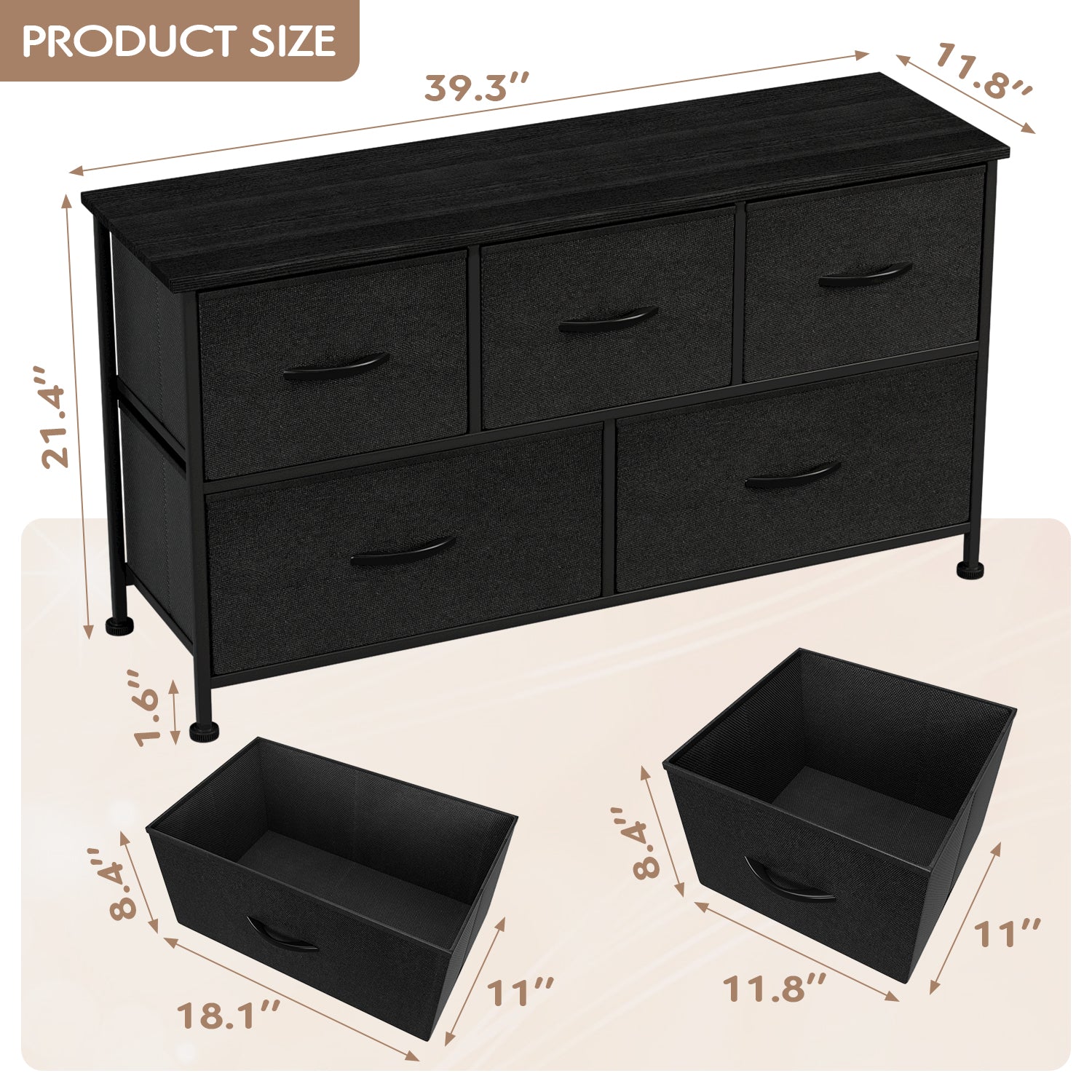 homall-bedroom-kommode-5-schubladen-schwarz-mit-holzplatte image 7