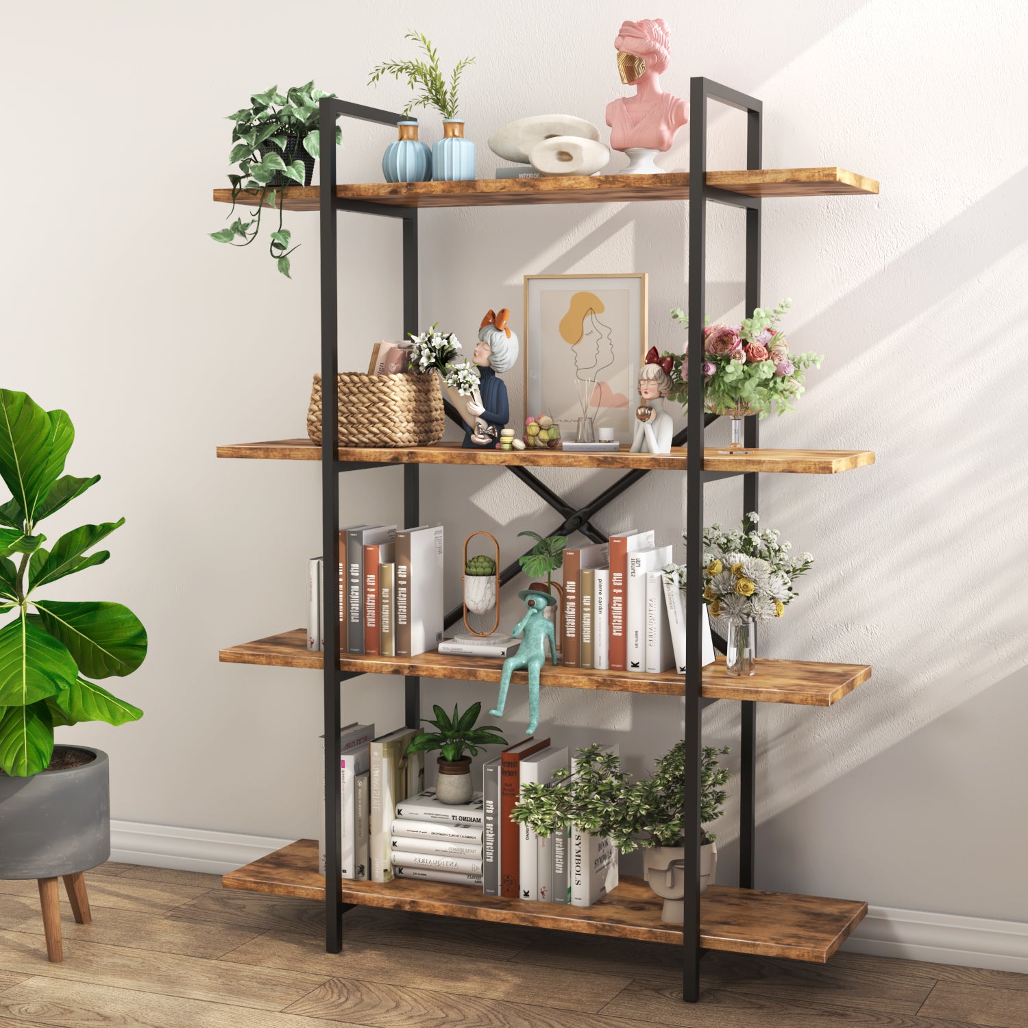 homall-bookcase-b-cherregal-4-f-cher-vintage-holz image 1