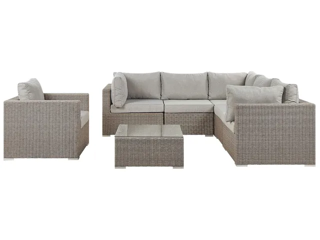 beliani-contare-lounge-set-6-sitzer-polyrattan-taupe-links-grau image 1