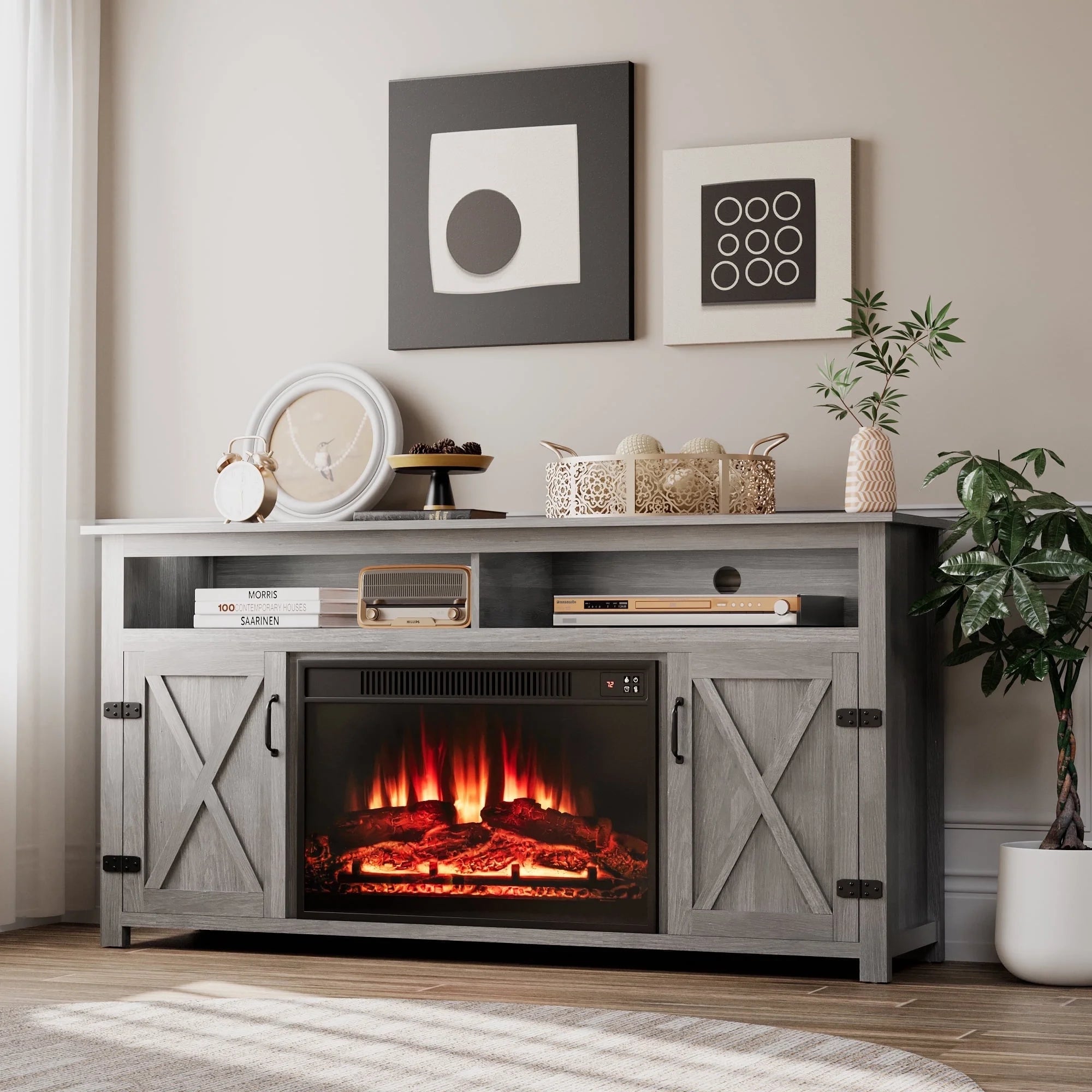homall-tv-stand-65-zoll-kamin-lowboard-dunkelbraun-holz image 2