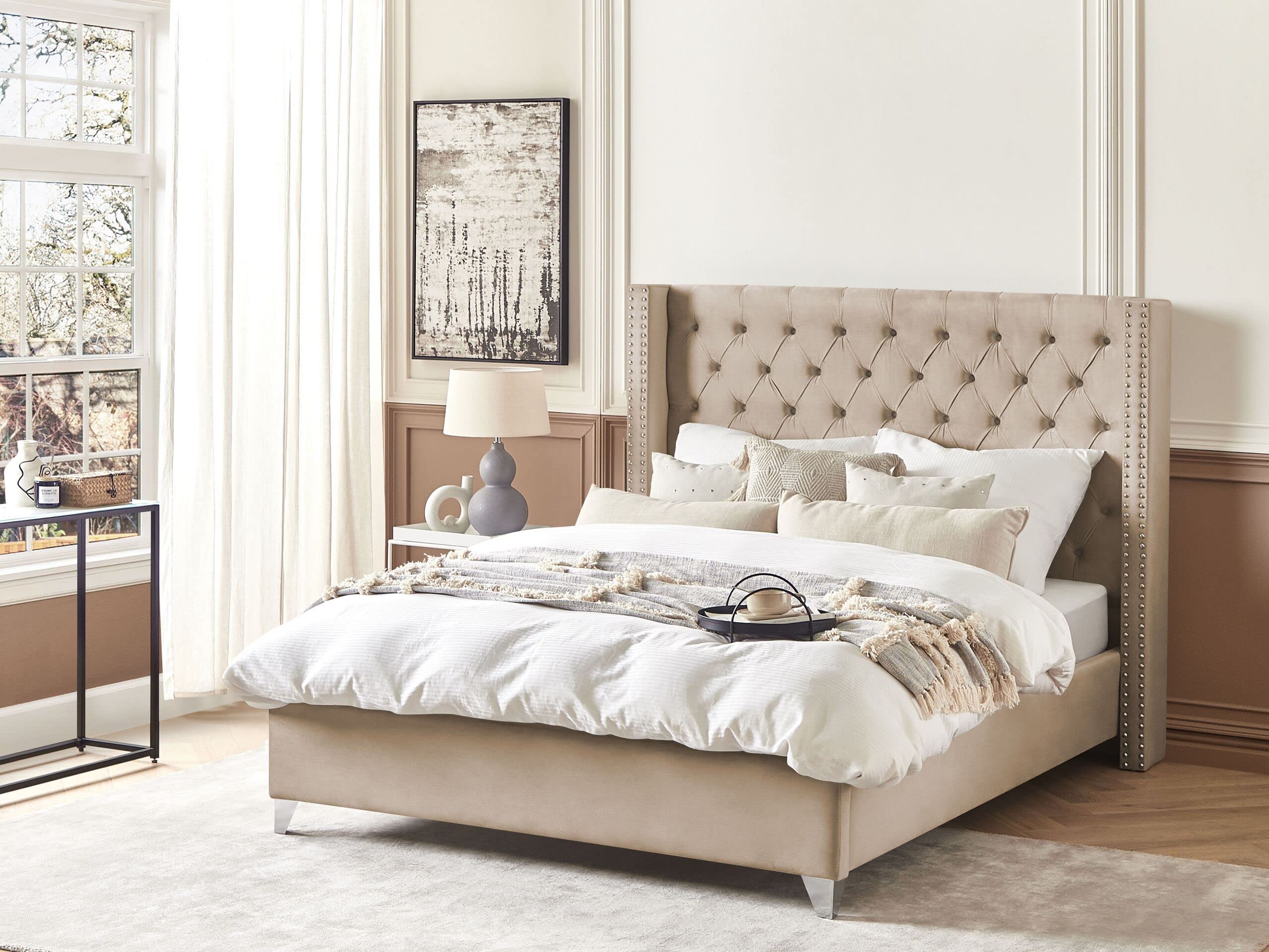 beliani-lubbon-polsterbett-samt-beige-160x200-chesterfield image 2