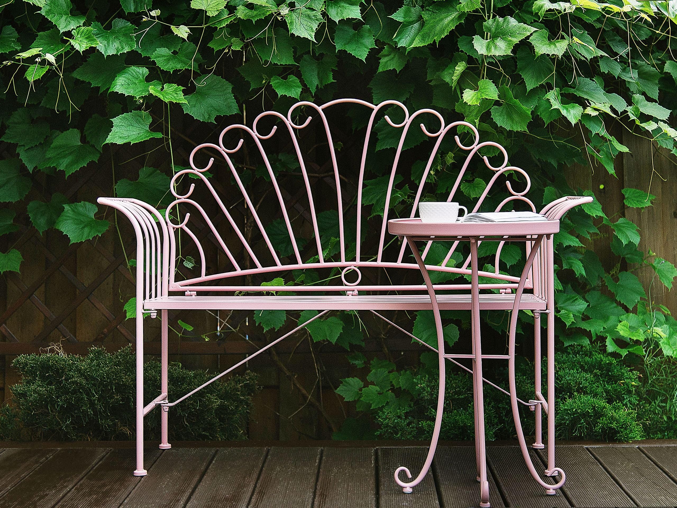 beliani-cavinia-bistro-set-rosa-metall-bank-mit-tisch-2-personen image 2