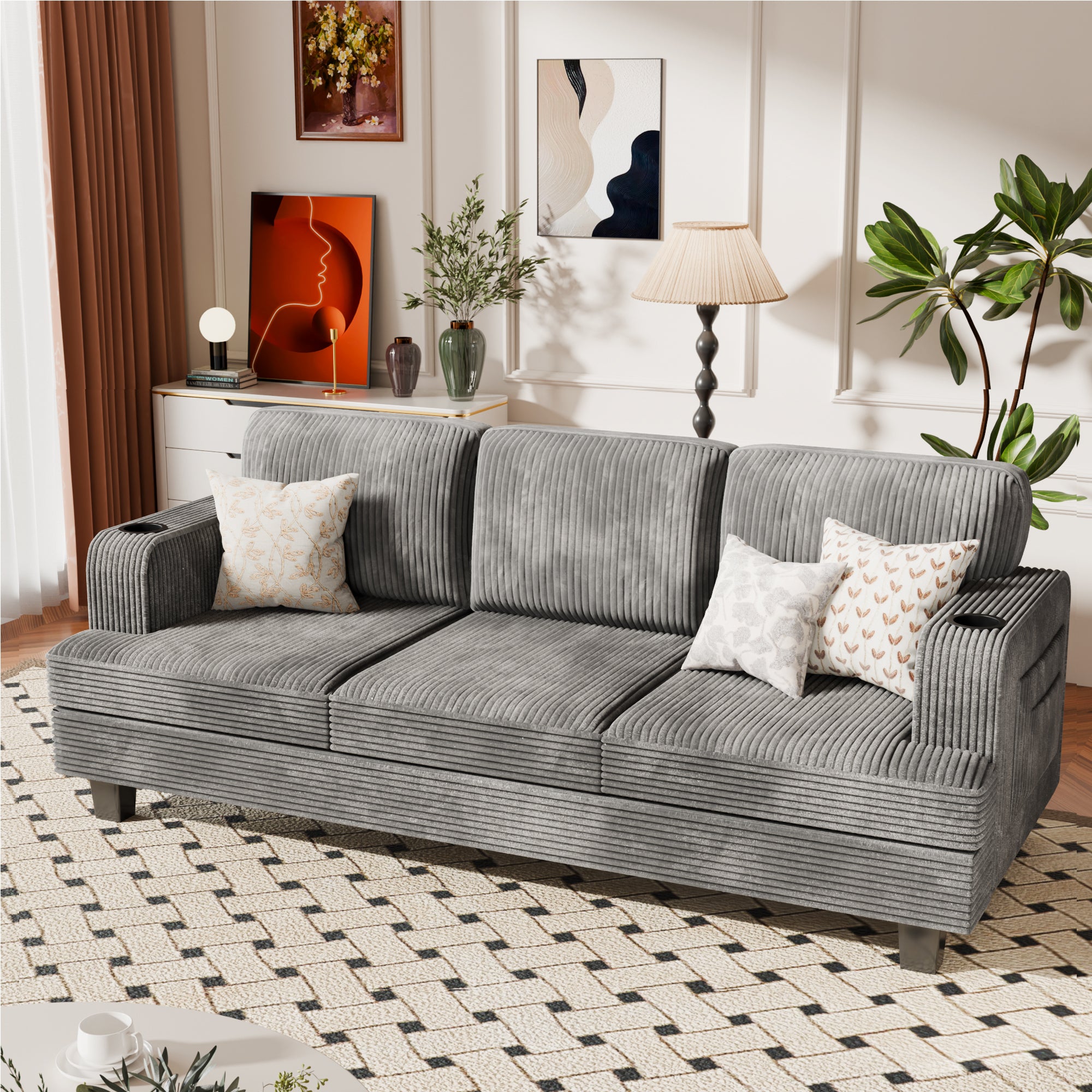 homall-sofa-3-sitzer-cord-couch-grau-mit-usb-getr-nkehalter image 4