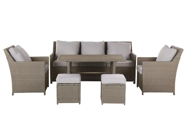 beliani-fonti-lounge-set-5-sitzer-taupe-polyrattan-graue-kissen image 1