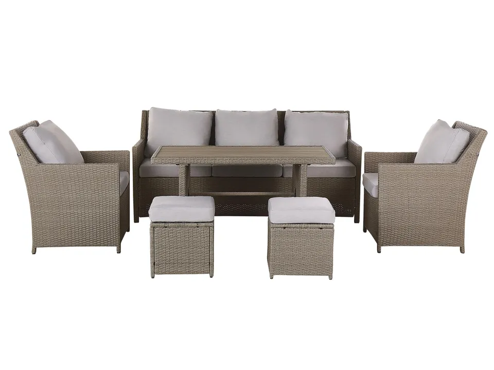 beliani-fonti-lounge-set-5-sitzer-taupe-polyrattan-graue-kissen image 1