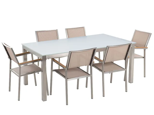 beliani-grosseto-set-180-cm-glastisch-wei-mit-6-st-hlen-beige image 1