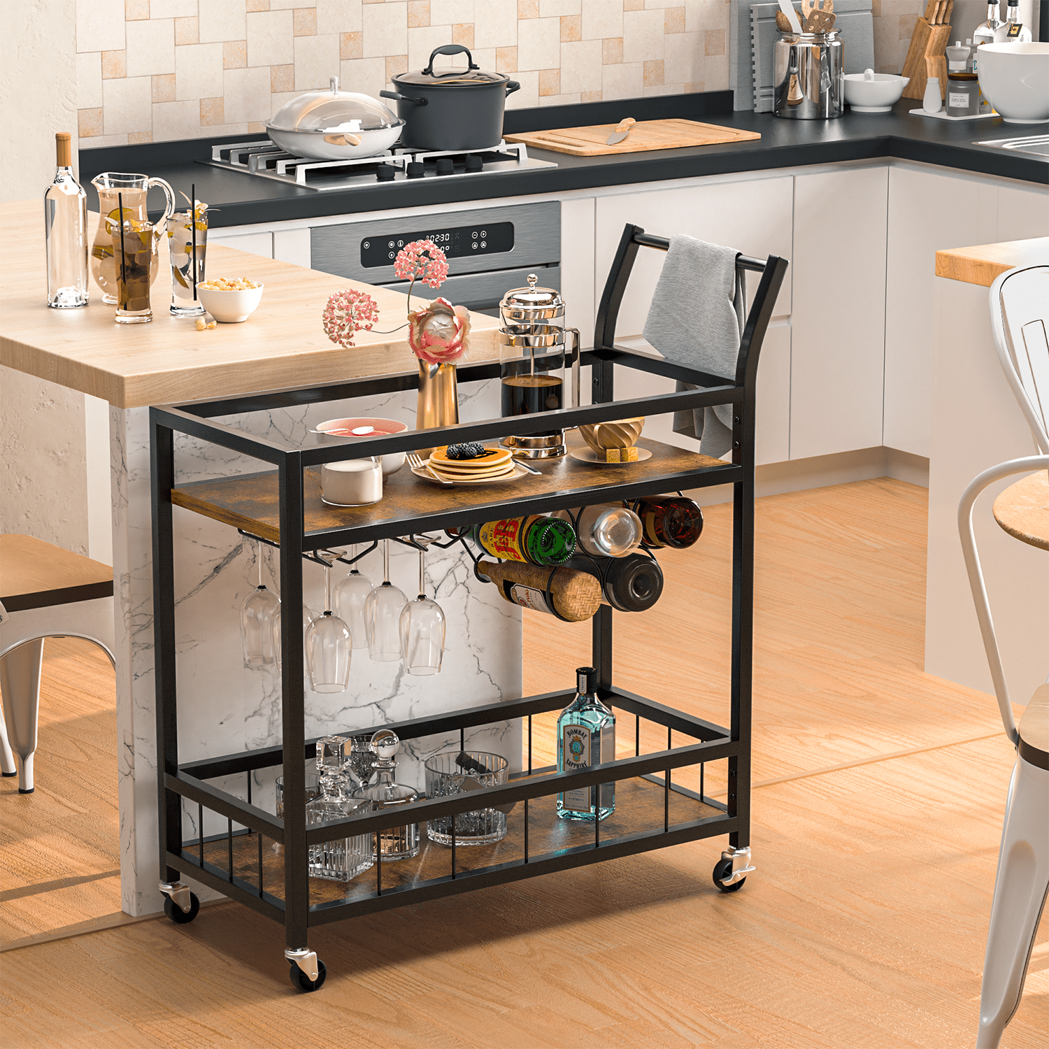 homall-shelf-servierwagen-schwarz-mit-weinregal-holz image 2